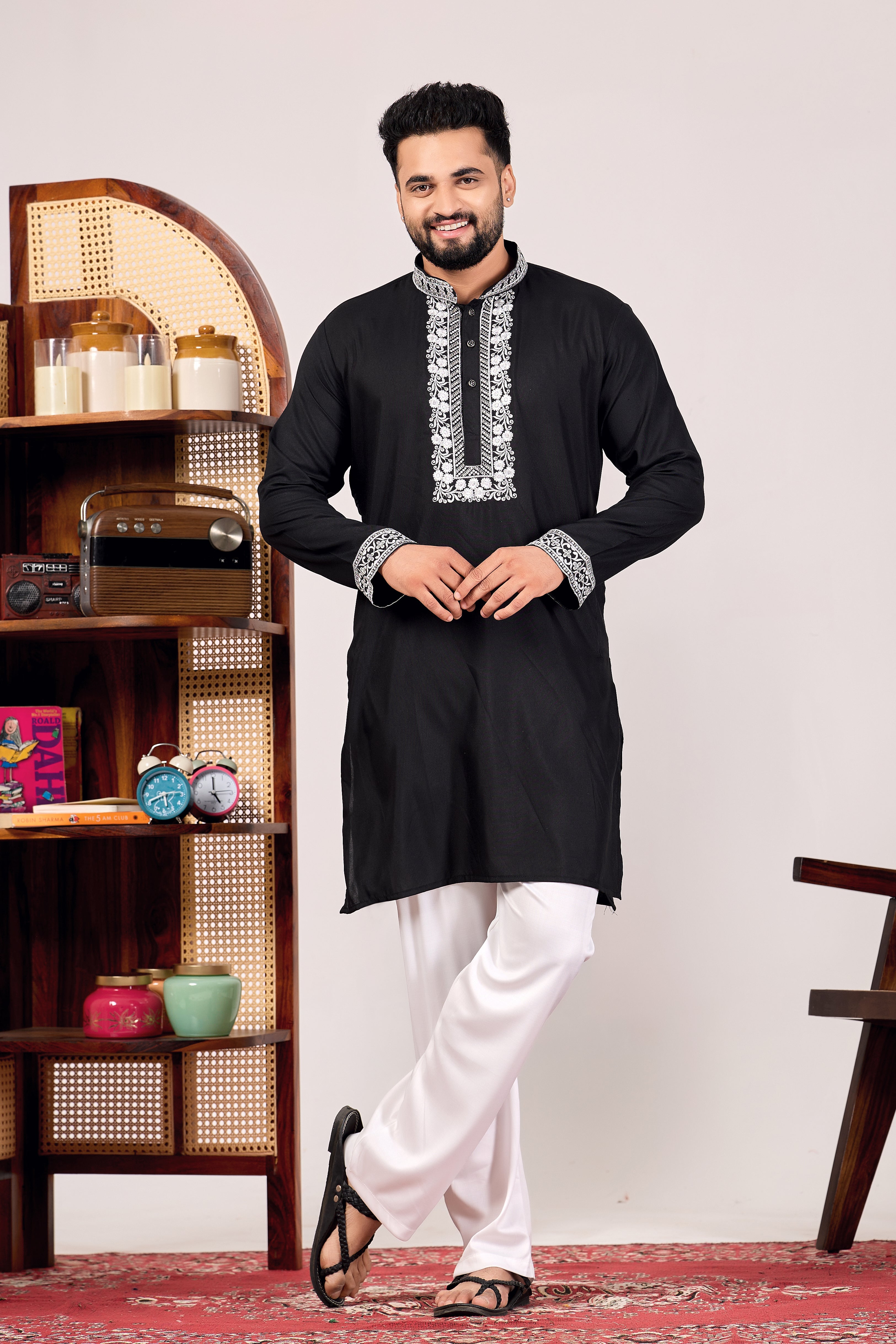 EMBROIDERED PURE SILK BLACK KURTA SET
