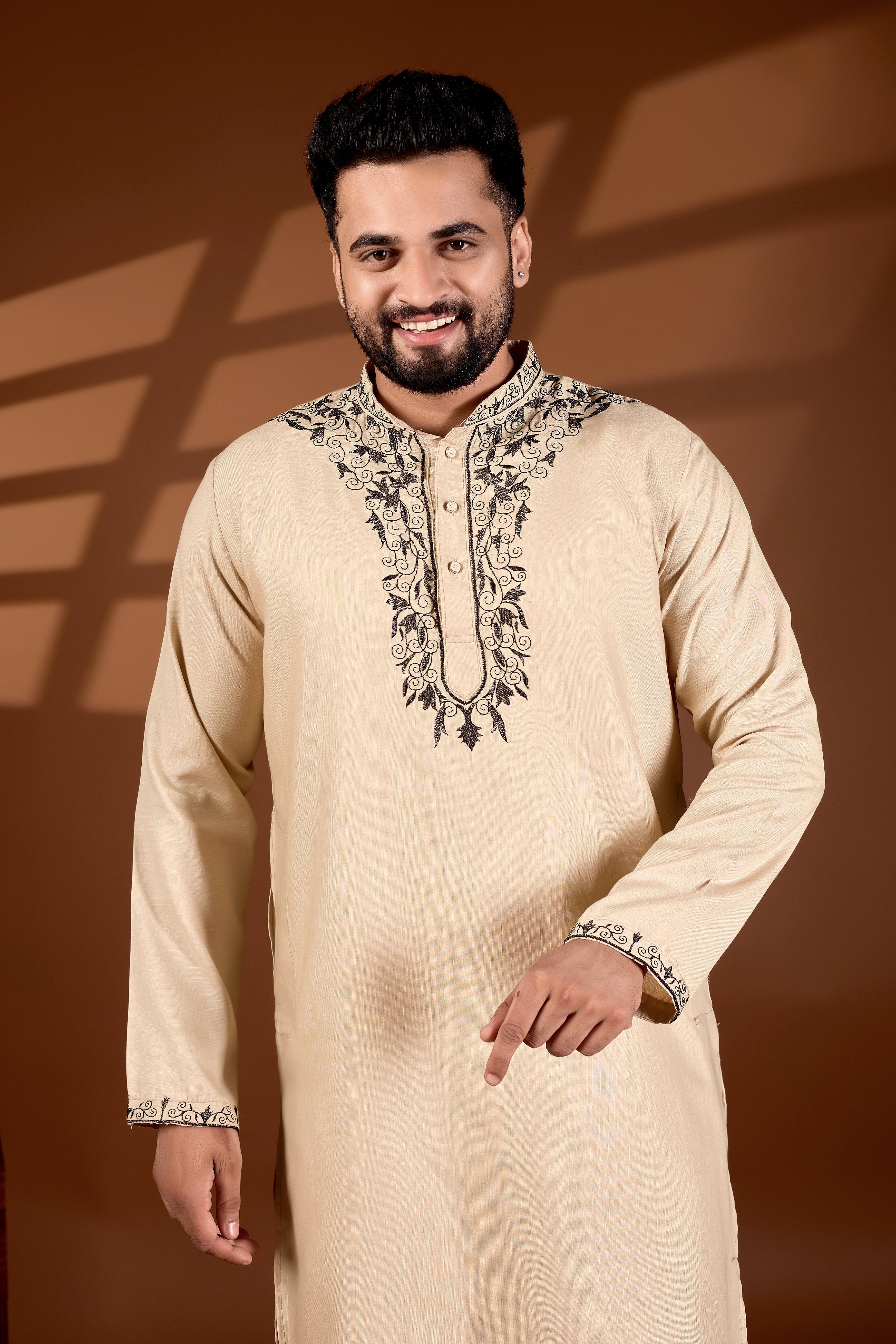 MEN'S COTTON NECK EMBROIDERED CREAM KURTA WITH CREAM TROUSER PANT