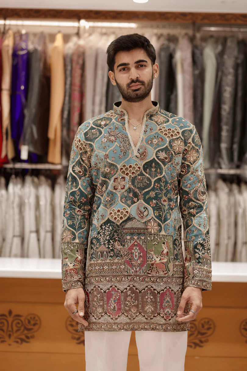 HERITAGE TEAL GREEN KURTA SET FOR MEN | WEDDING & FESTIVE WEAR