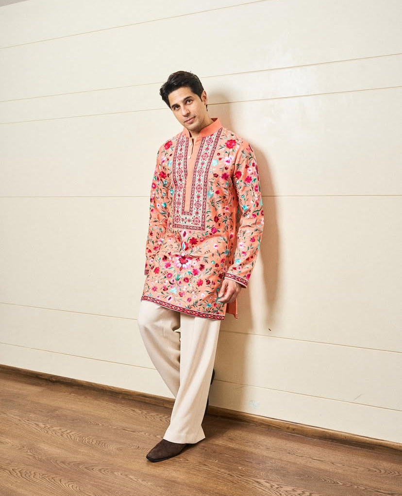 SIDDHARTH MALHOTRA IN OUR PEACH FLORAL RESHAM PRINTED KURTA SET