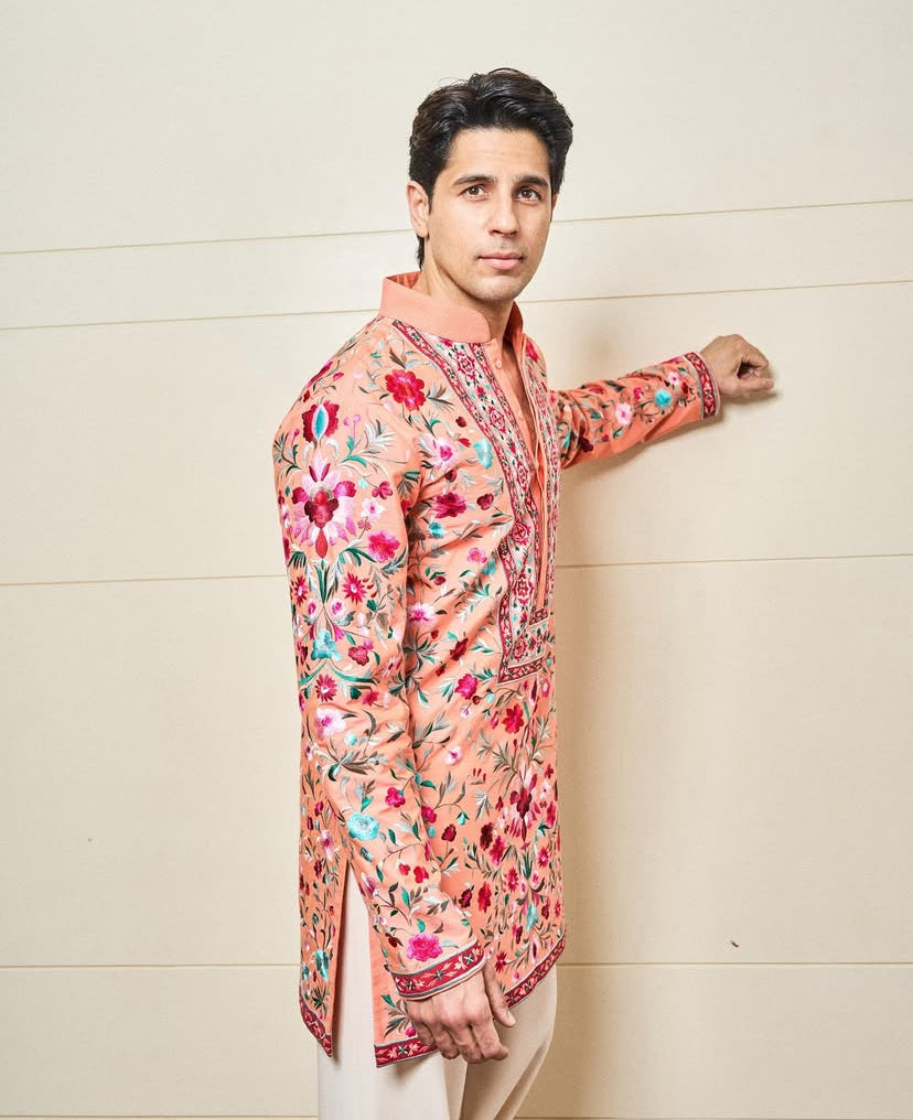 SIDDHARTH MALHOTRA IN OUR PEACH FLORAL RESHAM PRINTED KURTA SET
