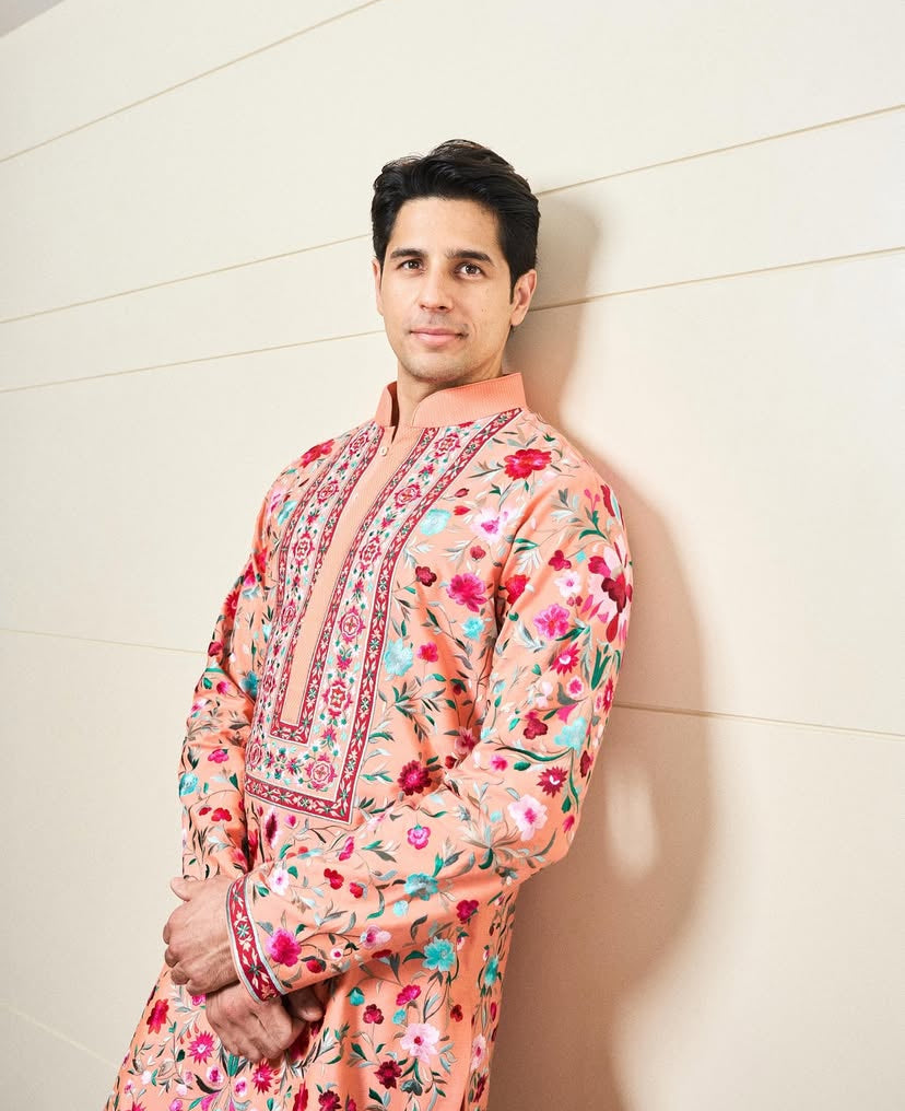 SIDDHARTH MALHOTRA IN OUR PEACH FLORAL RESHAM PRINTED KURTA SET