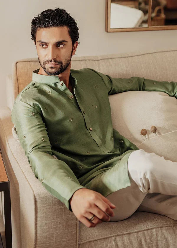 MINT GREEN CLOVER MOTIFS MEN'S DESIGNER EMBRODRY KURTA WITH PAJAMA