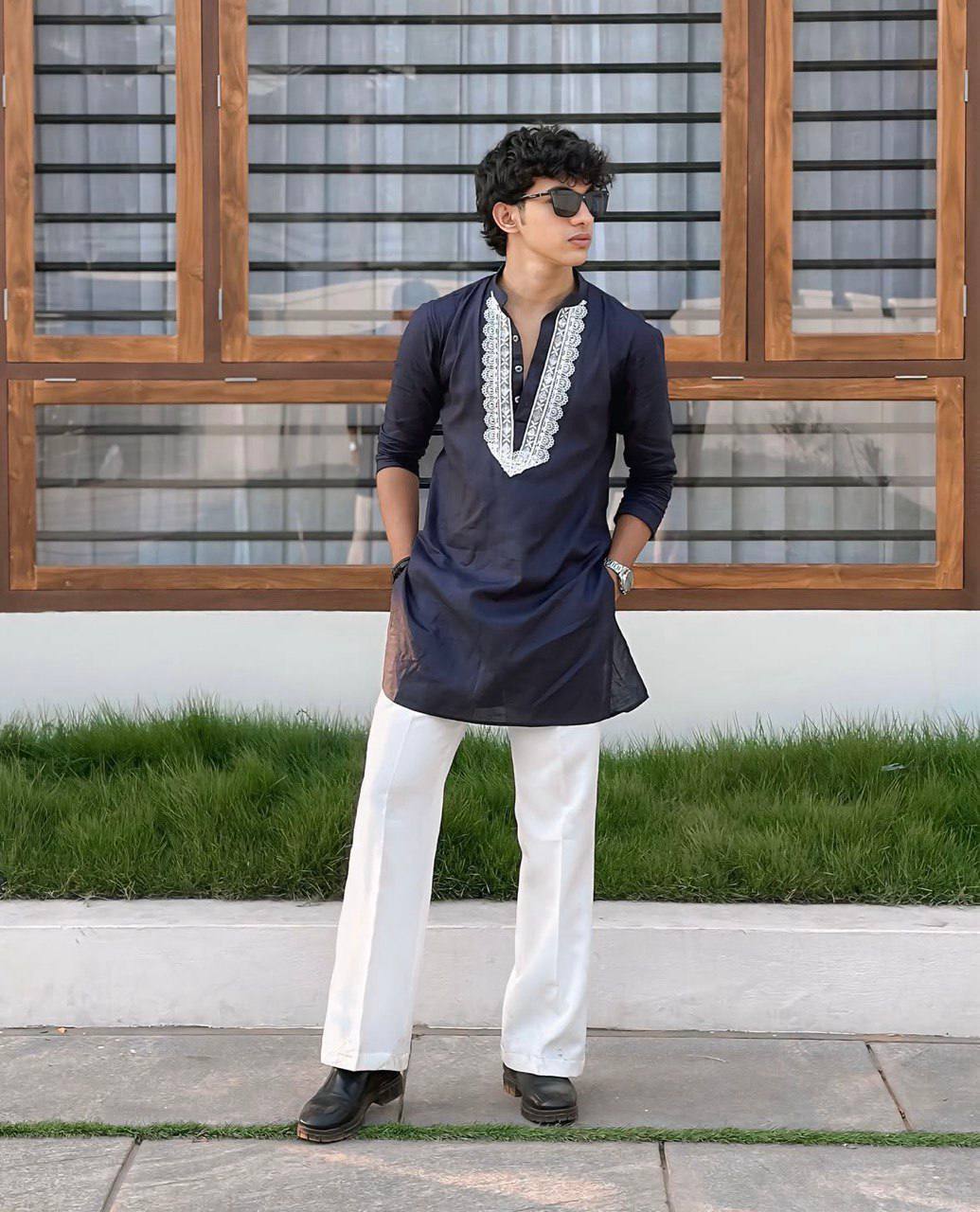 BLUE V NECK EMBROIDERY THRED KURTA WITH PAJAMA