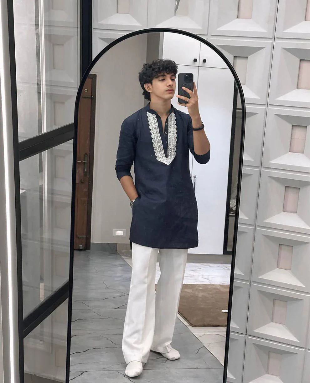 BLUE V NECK EMBROIDERY THRED KURTA WITH PAJAMA