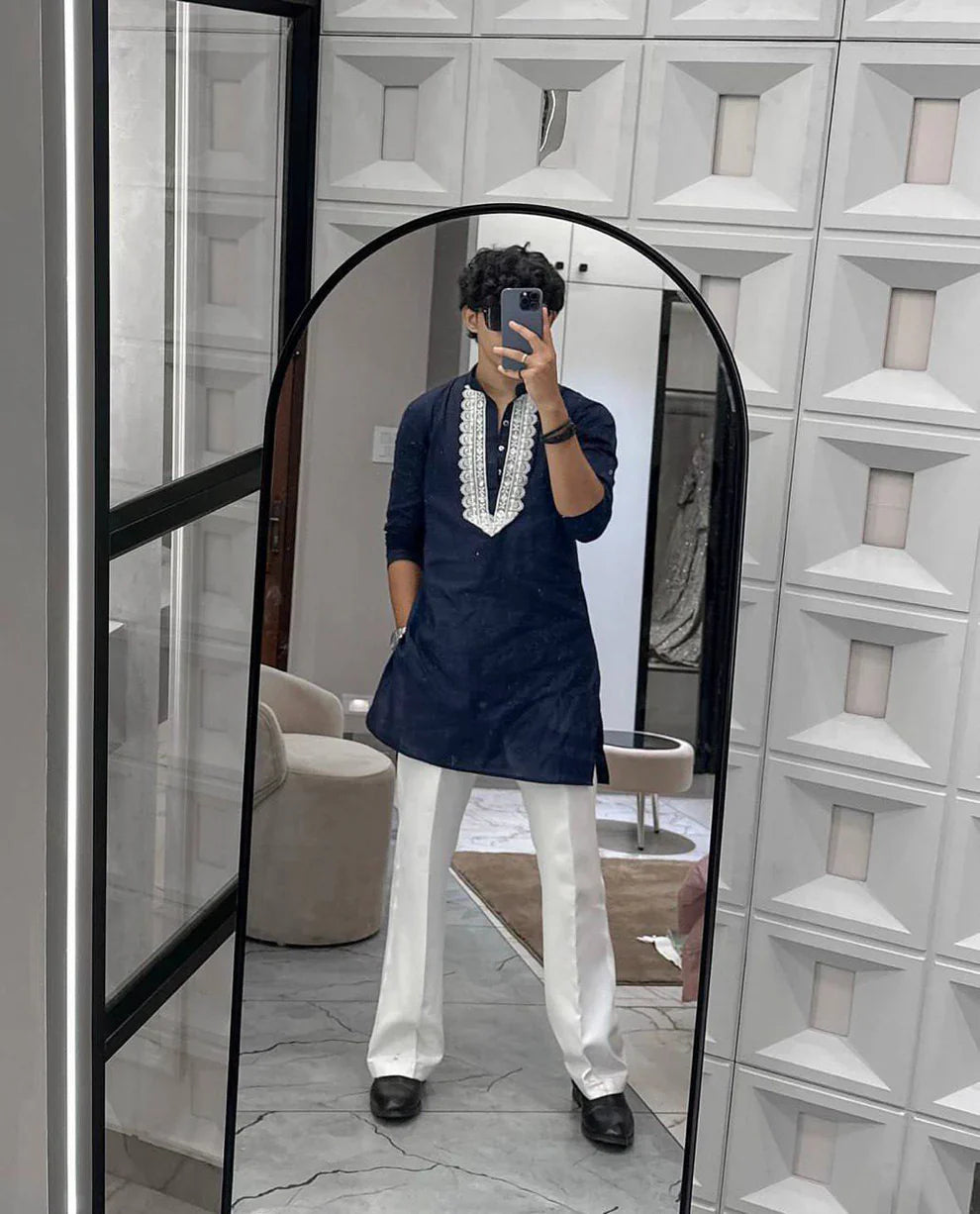 BLUE V NECK EMBROIDERY THRED KURTA WITH PAJAMA