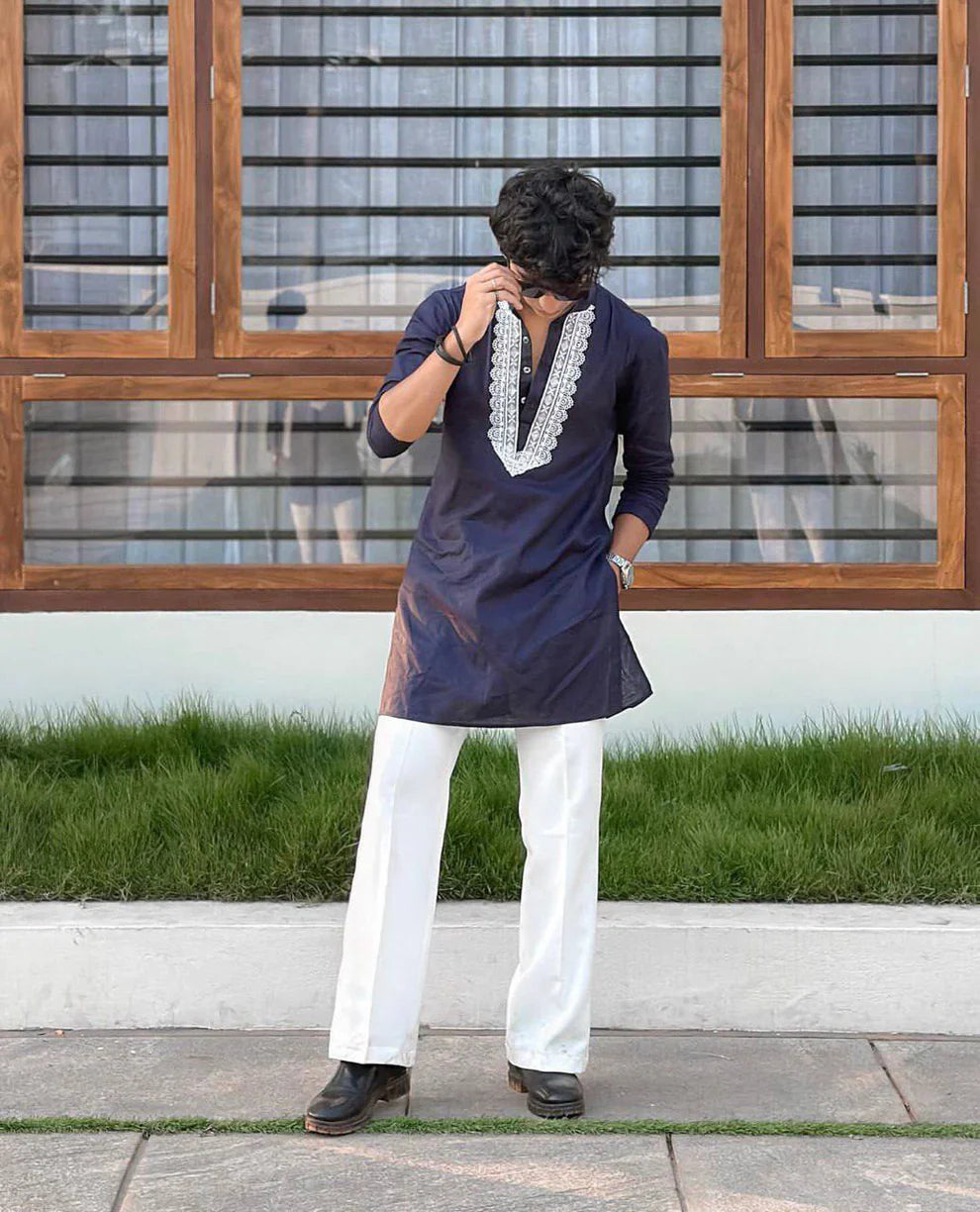 BLUE V NECK EMBROIDERY THRED KURTA WITH PAJAMA