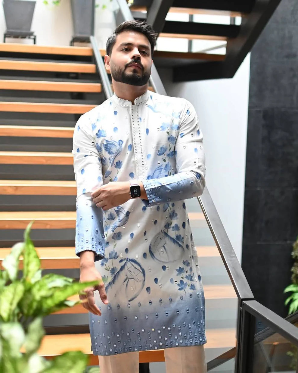 BLUE OMBRE PRINTED AND MIRROR WORK KURTA SET